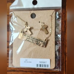 Religious Bar Necklace Earring Gold Cross Women